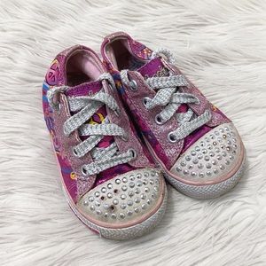 Skechers Twinkle Toes Metallic Glitter Pink Silver Light Up Peace Sneakers